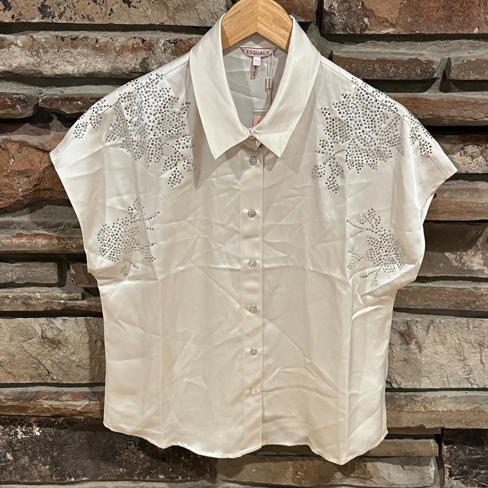 ESQUALO Off-White Batwing Button Down Shirt with Sequin Embellishments